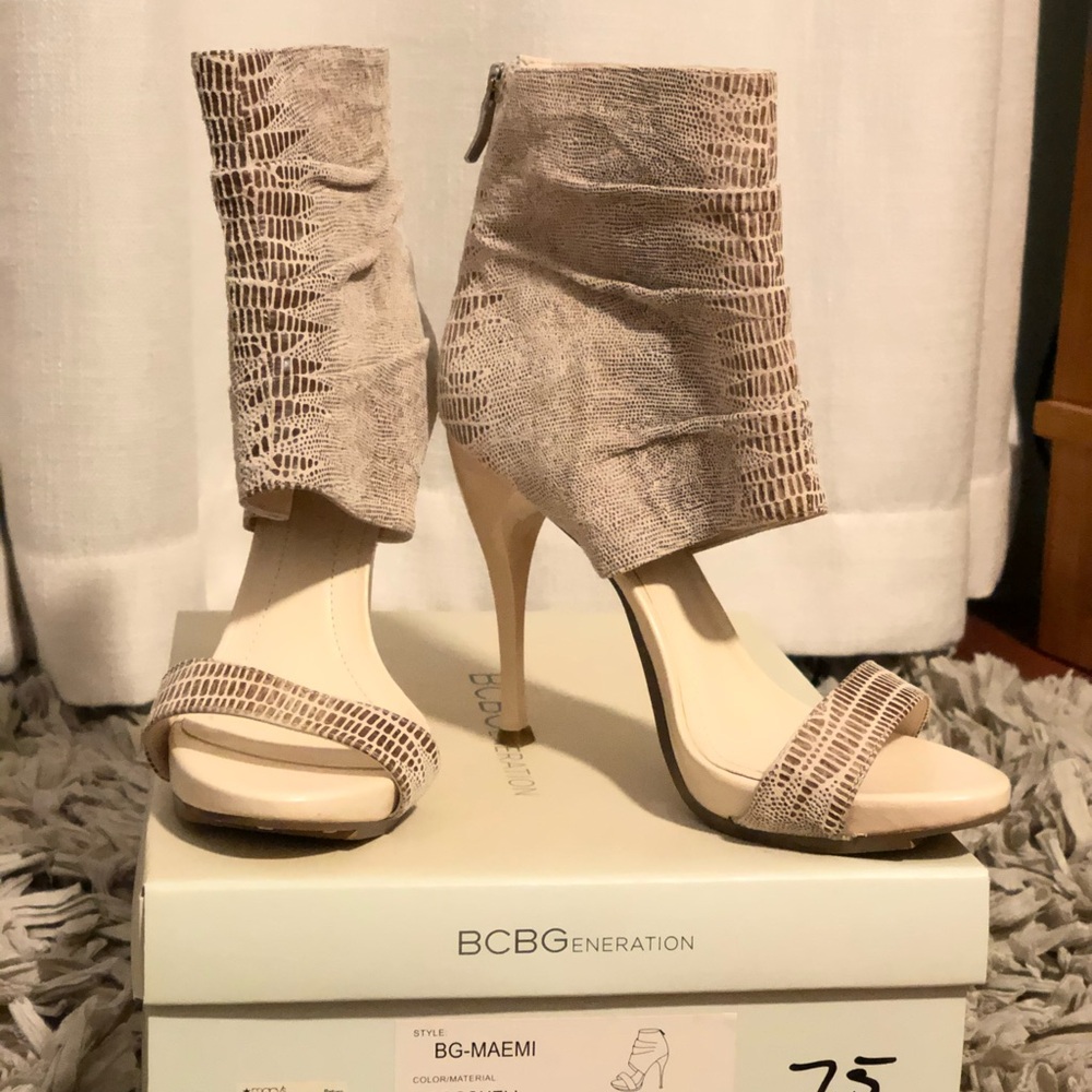 BCBGeneration Tan Stiletto Heels with Ruched Ankle